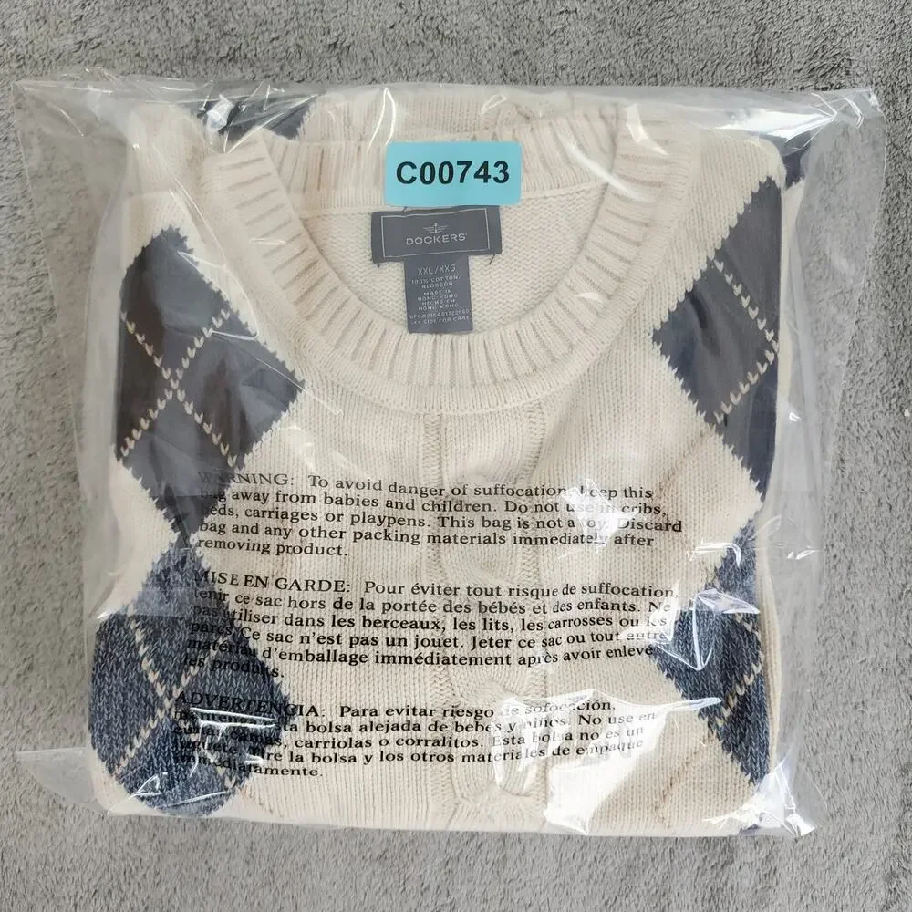Vintage 90s Dockers Sweater Mens‎ XXL Cream Argyle Knit Crew Neck Long Sleeves